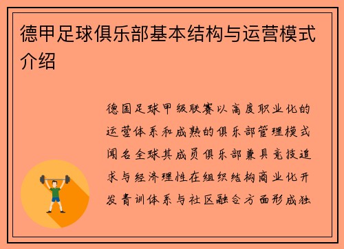 德甲足球俱乐部基本结构与运营模式介绍