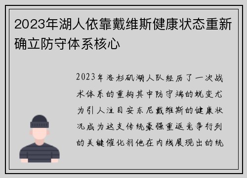 2023年湖人依靠戴维斯健康状态重新确立防守体系核心